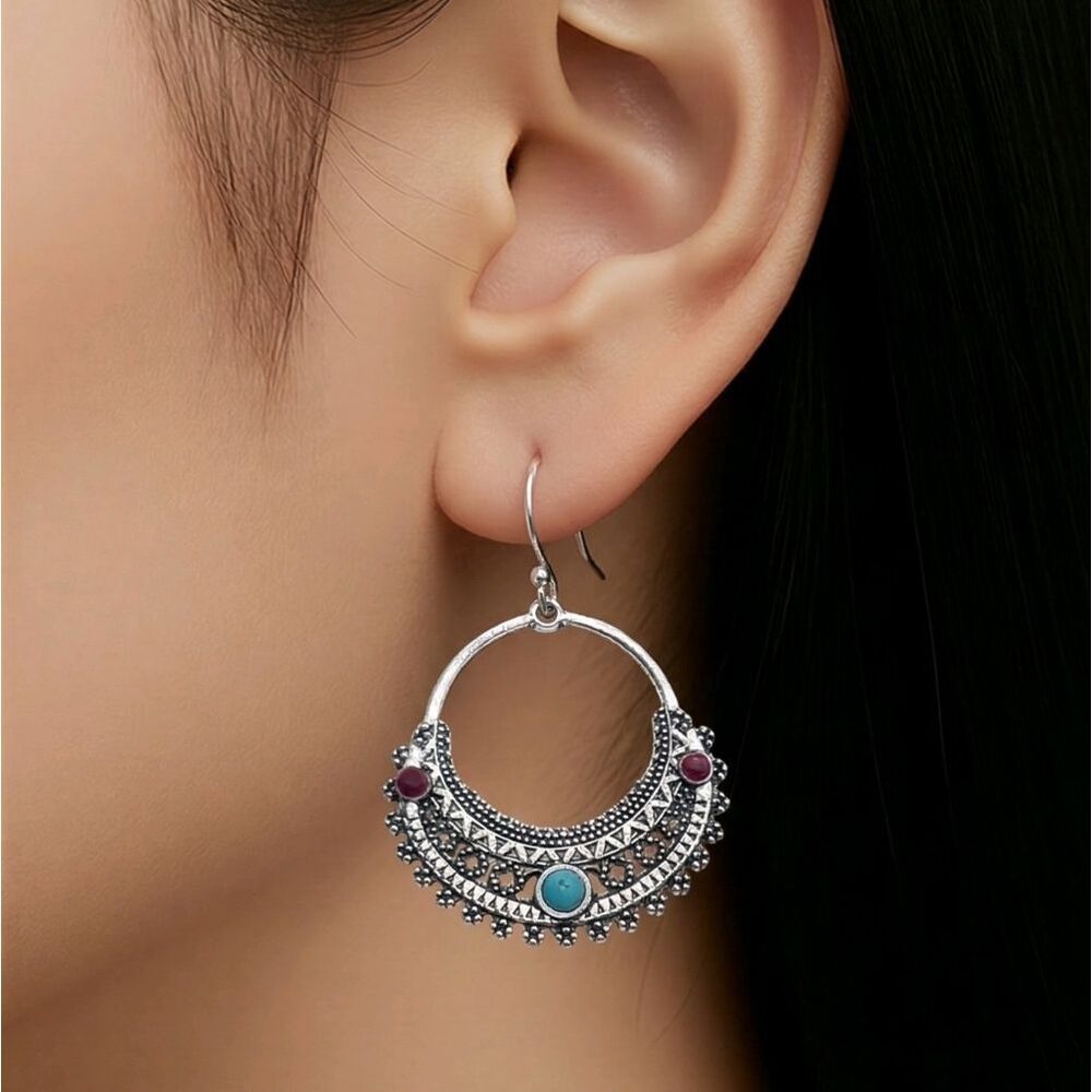 Whimsigoth Crescent Moon & Flower Hoop Earrings – Boho Tribal Statement Jewelry